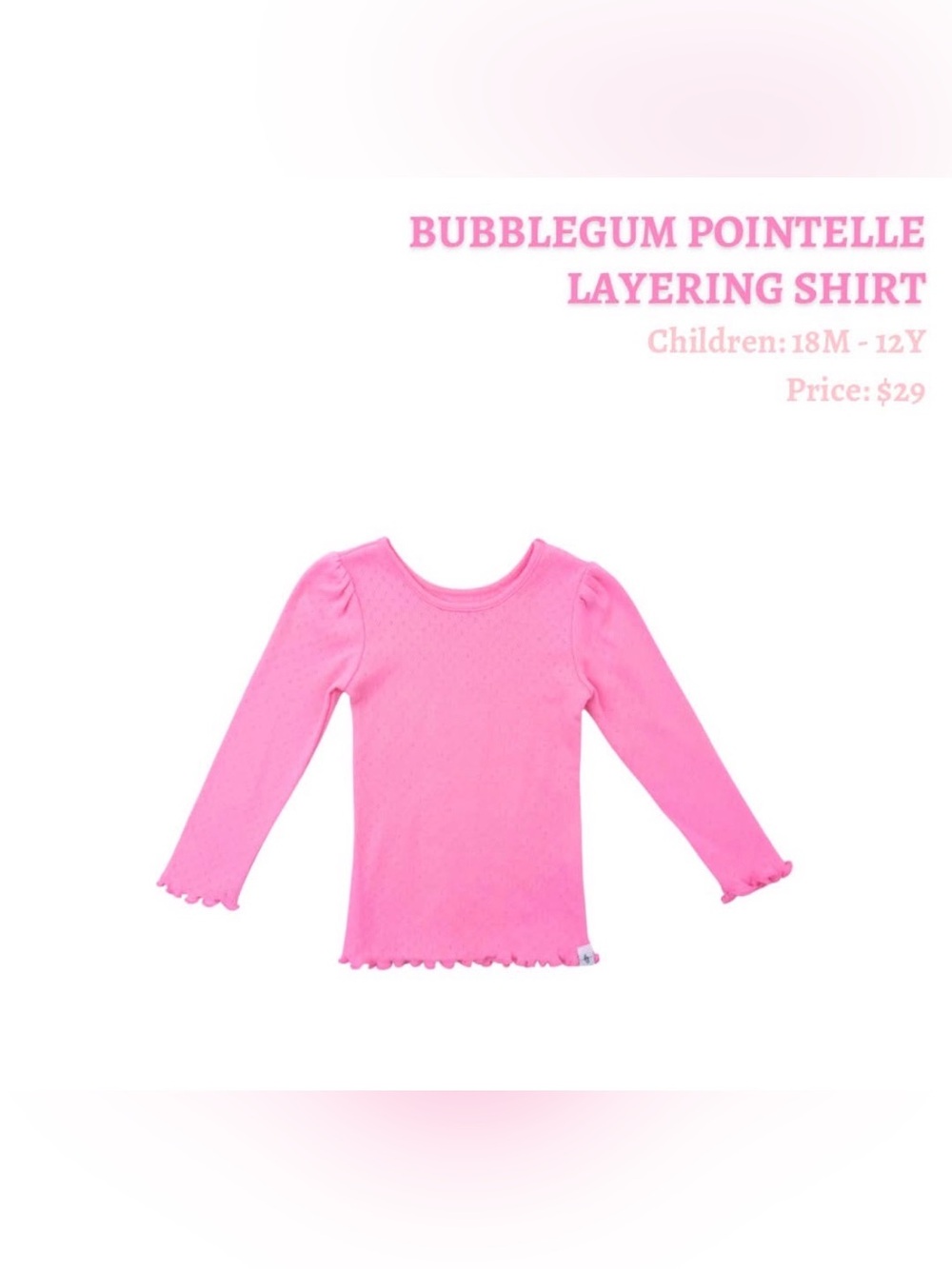 NWT Love & Grow Bubblegum Point Pink Pointelle Layering Shirt 10